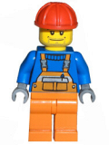 LEGO cty0011 Overalls with Safety Stripe Orange, Orange Legs, Red Construction Helmet, Straight Smile
